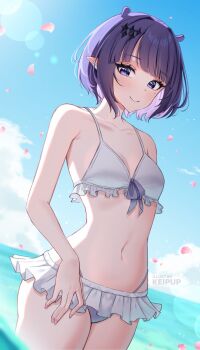 1girl bikini blue_sky blunt_bangs bob_cut breasts closed_mouth cloud commentary cowboy_shot day falling_petals frilled_bikini frills front-tie_bikini_top front-tie_top hair_ornament highleg highleg_bikini highres hololive hololive_english keipup lens_flare looking_at_viewer mole mole_under_eye multi-strapped_bikini_bottom navel ninomae_ina'nis ocean outdoors paid_reward_available petals pointy_ears purple_eyes purple_hair short_hair sky small_breasts smile solo stomach swimsuit virtual_youtuber wading white_bikini