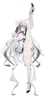 1girl :d absurdres apron arms_up black_dress black_shoes blunt_bangs blush bow bowtie breasts cleavage dress flantia full_body grey_eyes grey_hair high_heels highres large_breasts leg_up long_hair looking_at_viewer maid maid_headdress open_mouth original panties red_bow red_bowtie shoes short_sleeves simple_background smile solo split standing standing_on_one_leg standing_split thighhighs transparent_background underwear upskirt very_long_hair waist_apron white_apron white_panties white_thighhighs wrist_cuffs