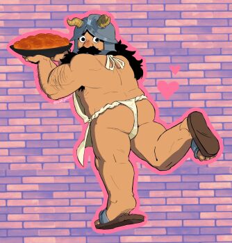 1boy apron armpit_hair armpit_hair_peek ass bara beard belly dungeon_meshi dwarf facial_hair fat fat_man food from_behind full_body fundoshi heart highres holding holding_food japanese_clothes jarfield_(battychow) long_beard looking_at_viewer looking_back male_focus mustache nearly_naked_apron senshi_(dungeon_meshi) slippers solo standing standing_on_one_leg thick_arm_hair thick_mustache very_long_beard wok