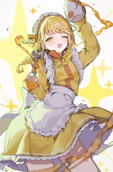 1girl apron arm_up blonde_hair commentary_request fujita_kotone gakuen_idolmaster highres holding idolmaster jersey_maid long_hair long_sleeves looking_at_viewer maid maid_apron maid_headdress ningen_mame one_eye_closed open_mouth simple_background skirt smile solo standing unconventional_maid white_apron white_background yellow_eyes yellow_skirt