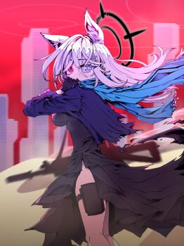 Rule 34 | 1girl, animal ear fluff, animal ears, assault rifle, black dress, black gloves, blue archive, blue eyes, blue jacket, blush, building, covered mouth, cross hair ornament, dress, dust, fake animal ears, floating hair, from side, geonbanmaen, gloves, grey hair, gun, gun sling, hair ornament, halo, highres, jacket, long hair, looking at viewer, looking to the side, pouch, rifle, scarf, shiroko terror (blue archive), solo, standing, thigh pouch, torn clothes, torn dress, torn jacket, weapon