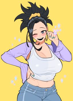 ;d absurdres black_eyes black_hair blue_pants blush boku_no_hero_academia breasts denim earrings green_nails hair_ornament hair_scrunchie highres hoop_earrings jeans jewelry large_breasts loopvoid navel one_eye_closed open_mouth pants purple_shrug scrunchie shrug_(clothing) smile tank_top white_tank_top yaoyorozu_momo yellow_background