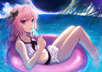 1boy androgynous ars_almadel_salomonis_(fate) astolfo_(comp_ace_bikini)_(fate) astolfo_(fate) bikini black_bow bow braid clip_studio_paint_(medium) commentary english_commentary fate/apocrypha fate/grand_order fate_(series) floating food frilled_bikini frills full_body hair_bow hiirotaka innertube male_focus navel ocean pink_hair popsicle purple_eyes single_braid solo swim_ring swimsuit tongue trap water