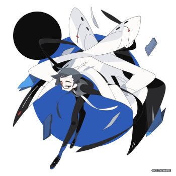 1boy ahoge bent_over binder black-framed_eyewear black_gloves black_ribbon black_shirt black_shoes blue_background blue_eyes blue_necktie blue_socks circle closed_mouth coat collared_shirt copyright_notice detached_ahoge ecron_(keitaiware) floating_clothes from_above full_body glasses gloves grey_hair grey_vest half-closed_eye high-waist_pants highres keitai_hakken lab_coat loafers long_coat long_necktie long_sleeves looking_at_viewer male_focus mole mole_under_mouth multicolored_hair multiple_neckties necktie official_artist_extra outstretched_arms pants paper ribbon semi-rimless_eyewear shirt shirt_tucked_in shoes short_bangs short_hair sideways_glance simple_background smile socks solo spiked_hair spread_arms standing streaked_hair two-tone_background under-rim_eyewear utau vest white_background white_coat white_necktie white_streaks