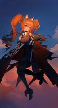 Rule 34 | 1girl, absurdres, angelina (arknights), animal ear fluff, animal ears, arknights, arknights: endfield, bare shoulders, belt, black boots, black gloves, black thighhighs, boots, brown hair, coat, commentary, diamond-shaped pupils, diamond (shape), dot nose, dress, elbow gloves, floating, fold-over boots, fox ears, fox girl, full body, gilberta (arknights), gloves, grey dress, headpiece, high belt, high collar, highres, holding, holding staff, impossible clothes, impossible dress, infection monitor (arknights), kakuprpr, long hair, long sidelocks, long sleeves, looking to the side, open clothes, open coat, parted lips, red coat, red eyes, short dress, sidelocks, sleeveless, sleeveless dress, solo, staff, sunset, symbol-shaped pupils, thighhighs, twintails, zettai ryouiki