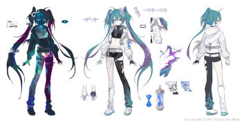 Rule 34 | 1girl, aqua eyes, aqua hair, asymmetrical clothes, belt, black gloves, black shorts, breasts, colored inner hair, commentary request, concept art, disembodied eye, dna, double helix, fingerless gloves, full body, gloves, hair between eyes, hair ornament, hatsune miku, highres, hourglass, jacket, leg warmers, long hair, looking at viewer, medium breasts, multicolored hair, multiple views, navel, project 01: time-loop, purple hair, short shorts, shorts, simple background, single pantsleg, solo, soyoong jun, thighs, timeloop miku, twintails, very long hair, vocaloid, white background, white belt, white jacket, white leg warmers