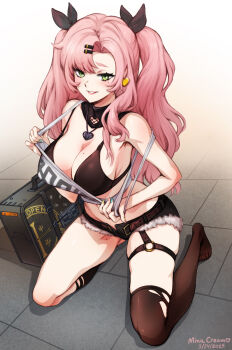 1girl breasts briefcase denim denim_shorts earrings full_body green_eyes grin hair_ornament hairclip heart heart_earrings heart_pendant highres jewelry kneeling large_breasts long_hair micro_shorts mina_cream mole mole_on_breast mole_on_thigh mole_under_eye nicole_demara open_fly pink_hair shorts single_thighhigh smile solo thighhighs thighs two_side_up very_long_hair zenless_zone_zero