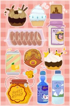 anotherartblock bee bottle bug casteliacone combee commentary drink eevee english_commentary food food_focus fresh_water_(pokemon) gen_1_pokemon gen_2_pokemon gen_4_pokemon highres honey ice_cream insect lava_cookie lemonade lemonade_(pokemon) lumiose_galette magcargo milk_bottle miltank moomoo_milk nintendo no_humans pikachu piplup poke_puff pokemon pokemon_(creature) shalour_sable soda soda_pop_(pokemon) water_bottle