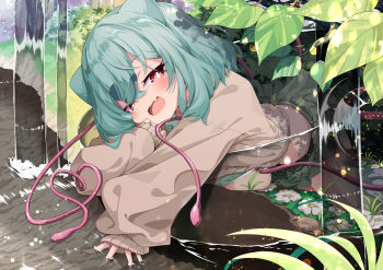 1girl absurdres all_fours animal_ears aqua_hair breast_rest breasts bright_pupils brown_sweater bulbasaur clothes_lift commentary_request crossed_bangs day fang gen_1_pokemon green_skirt gyaru_bulbasaur gyaru_bulbasaur_(shin_no_tenpii) hair_between_eyes hand_up head_tilt highres large_breasts long_sleeves looking_at_viewer medium_hair mesugaki nintendo no_bra open_mouth outdoors outstretched_arm personification pokemon red_eyes river shirt shirt_under_sweater skin_fang skirt skirt_lift sleeves_past_wrists smile solo spread_fingers sweater sweater_lift vine_whip water white_pupils zelitto