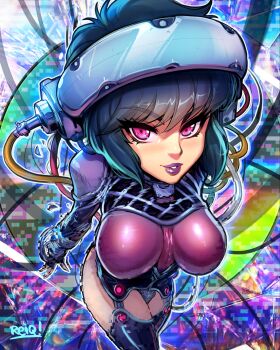 Rule 34 | 1girl, breasts, cable, cyberpunk, cyborg, ghost in the shell, highleg, highleg leotard, highres, kusanagi motoko, large breasts, leotard, lips, lipstick, makeup, purple eyes, purple hair, purple lips, reiq, science fiction