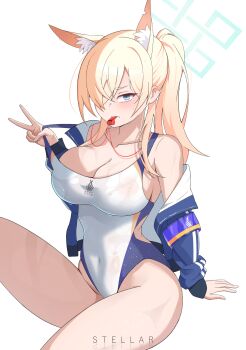 1girl absurdres animal_ear_fluff animal_ears armband artist_name blonde_hair blue_archive blue_eyes blue_halo blue_jacket breasts cleavage competition_swimsuit covered_navel dog_ears dog_girl extra_ears hair_over_one_eye halo highleg highleg_one-piece_swimsuit highres jacket kanna_(blue_archive) kanna_(swimsuit)_(blue_archive) large_breasts long_hair looking_at_viewer mouth_hold notched_ear official_alternate_costume one-piece_swimsuit ponytail purple_armband simple_background solo stellar_(ssstellar) strap_pull swimsuit v wet wet_clothes whistle whistle_around_neck white_background white_one-piece_swimsuit