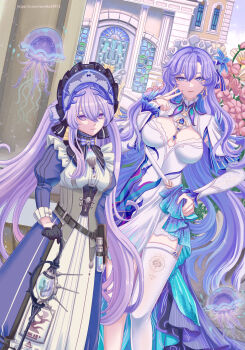 2girls black_gloves blue_eyes blue_flower breasts breasts_apart cantarella_(wuthering_waves) closed_mouth commentary dress earrings english_commentary facial_mark fingernails flower gloves hair_between_eyes hair_flower hair_ornament half_gloves hand_on_own_hip headdress highres holding holding_lantern jellyfish jewelry lantern long_dress long_hair looking_at_viewer mark_under_eye medium_breasts multiple_girls nail_polish outdoors purple_dress purple_eyes purple_hair purple_nails rosemary_(wuthering_waves) sartika3091 shrug_(clothing) single_thighhigh smile thighhighs thighs twitter_username very_long_hair white_dress white_shrug white_thighhighs wuthering_waves