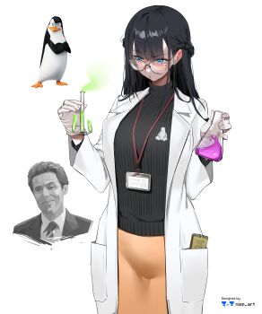 1girl 2boys absurdres bird black_hair blue_eyes braid commentary creature_and_personification crown_braid english_commentary erlenmeyer_flask flask glasses gloves highres holding holding_test_tube kowalski_(madagascar) lab_coat linux long_hair madagascar_(series) multiple_boys nisp_art norman_osborn original penguin personification photo_inset simple_background sketchbook sweater test_tube the_penguins_of_madagascar turtleneck turtleneck_sweater watermark white_background white_gloves