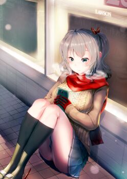 10s 1girl alternate_costume black_socks blue_eyes cellphone female_focus gloves highres holding holding_phone jacket kantai_collection kashima_(kancolle) lawson long_sleeves p_answer panties pantyshot phone pleated_skirt red_gloves red_scarf scarf sidelocks silver_hair sitting skirt smartphone smile socks solo sweater underwear wavy_hair white_panties window
