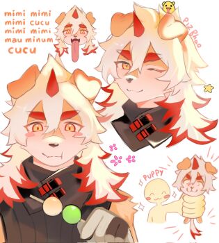 1boy apizbau arknights artist_name blush chibi chibi_inset colored_tips commentary dango english_commentary english_text flower food furry furry_male highres holding holding_skewer horns hung_(arknights) komainu_boy komainu_ears komainu_tail long_tongue looking_at_food looking_at_viewer male_focus multicolored_hair multiple_girls one_eye_closed sanshoku_dango single_horn skewer star_(symbol) tongue tongue_out wagashi white_background