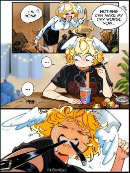 angel angel_wings artist_name ashtray band_shirt black_shirt black_skirt blonde_hair blue_eyes breasts bug can cigarette cleaver clenched_teeth closed_eyes cockroach collared_shirt commentary crying disgust eating english_commentary english_text fork gabi_(snegovski) halo_ahoge head_wings high_heels highres holding holding_cleaver imminent_amputation insect instant_cup_noodles instant_noodles merchandise messy_room open_mouth original pencil_skirt shirt short_hair signature skirt slipknot snegovski speech_bubble steam streaming_tears t-shirt tears teeth tourniquet trash_bag white_shirt wide-eyed wings