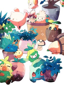 applin bellsprout bulbasaur closed_eyes commentary_request floating foongus gen_1_pokemon gen_2_pokemon gen_3_pokemon gen_5_pokemon gen_7_pokemon gen_8_pokemon grookey hanabusaoekaki highres hoppip monkey morelull mushroom nintendo oddish petilil plant pokemon pokemon_(creature) potted_plant red_eyes shroomish simple_background sleeping solid_oval_eyes sparkle sunkern toedscool white_background