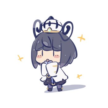 :o black_dress blunt_bangs blush_stickers bob_cut chibi chibi_only coat commentary_request dress full_body gwynn_(pokemon) hat highres nintendo open_clothes open_coat pantyhose pokemon pokemon_legends:_z-a purple_hair purple_pantyhose ramuawa short_hair standing white_background white_coat