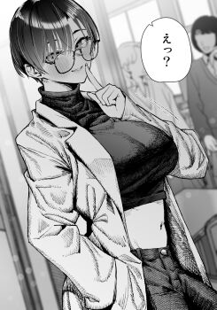 Rule 34 | 1girl, blush, breasts, commentary request, cowboy shot, crop top, finger to mouth, glasses, greyscale, grin, hand in pocket, highres, jacket, large breasts, looking at viewer, midriff, monochrome, navel, open clothes, open jacket, original, ryouma (galley), short hair, shushing, smile, solo focus, speech bubble, standing, translation request