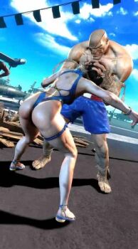 1boy 1girl 3d alternate_costume animated ass ass_focus ass_shake back bare_legs bare_shoulders blue_one-piece_swimsuit bouncing_ass bracelet brown_hair capcom chun-li curvy double_bun fighting forced hair_bun highleg highleg_one-piece_swimsuit huge_ass jewelry looking_at_another official_alternate_costume one-piece_swimsuit outdoors parted_lips restrained ryona sagat shiny_skin skindentation standing street_fighter street_fighter_6 swimsuit tagme thighlet third-party_edit thong_one-piece_swimsuit video wide_hips