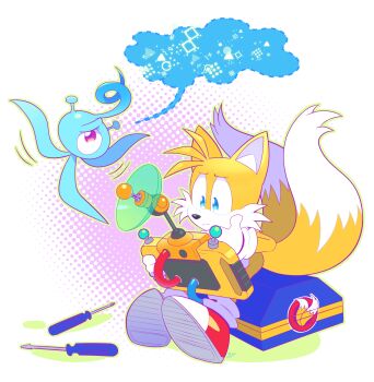 1boy alien blue_eyes drawloverlala furry furry_male gloves highres male_focus multiple_tails one-eyed shoes simple_background sneakers sonic_(series) sonic_colors tail tails_(sonic) two_tails white_background white_gloves wisp_(sonic) yacker_the_wisp yellow_fur