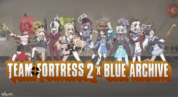 6+girls absurdres animal_ears aoba_(blue_archive) ayo5108 baseball_bat baseball_helmet black_choker black_hair black_horns blonde_hair blue_archive blue_eyes braid breasts choker cigarette cosplay crossover demon_horns dress eyepatch flamethrower formal_clothes gatling_gun gloves goggles goggles_on_head green_eyes green_hair green_halo grenade_launcher grey_serafuku gun hair_ornament halo handgun hard_hat hat helmet highres holding holding_machete holding_rocket_launcher holding_weapon horns jacket kayoko_(blue_archive) large_breasts leaf leaf_on_head logo long_hair long_sleeves machete megu_(blue_archive) minigun miyu_(blue_archive) multicolored_hair multiple_girls nonomi_(blue_archive) nurse_cap open_clothes open_mouth parody pink_hair purple_eyes purple_hair red-tinted_eyewear red_eyes red_hair reisa_(blue_archive) rocket_launcher rpg_(weapon) saki_(blue_archive) scene_reference school_uniform sena_(blue_archive) sentry serafuku shigure_(blue_archive) shirt short_hair smoking spy_(tf2) spy_(tf2)_(cosplay) standing standing_on_one_leg star_(symbol) star_hair_ornament star_halo suit tail team_fortress_2 tinted_eyewear twintails two-tone_hair weapon weasel_ears weasel_girl weasel_tail white_dress white_hair white_hat white_shirt yellow_eyes yellow_halo