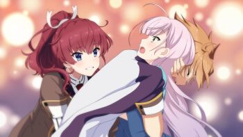 Rule 34 | 3girls, blue eyes, blush, brown jacket, closed eyes, collared shirt, crying, game cg, hug, jacket, konohana suzuka, long hair, long sleeves, looking at another, multiple girls, non-web source, open mouth, orange hair, origami family's elite guard uniform, pink hair, ponytail, red hair, shidou maki (toji no miko), shirt, short hair, striped clothes, striped shirt, toji no miko, toji no miko: kizamishi issen no tomoshibi, tsubakuro yume, white jacket, white shirt