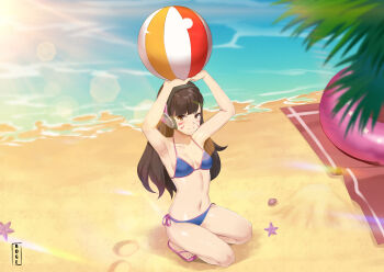 1girl abiboge absurdres ball beachball bikini blue_bikini breasts brown_eyes brown_hair commentary d.va_(overwatch) english_commentary facial_mark flip-flops full_body headphones highres holding holding_ball holding_beachball lens_flare long_hair medium_breasts ocean overwatch sandals side-tie_bikini_bottom signature solo starfish swimsuit whisker_markings