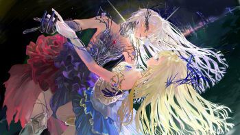 2girls absurdres backlighting black_dress black_gloves blonde_hair blue_eyes blue_gem blue_skirt boots chest_jewel commentary cowboy_shot crown_of_thorns dancing dress dual_persona english_commentary expressionless eyelashes first_act_nightblaze_(shining_nikki) flower flower_skirt gem gloves grey_boots happy highres knee_boots knee_pads leaning_back leaning_forward light_particles long_hair miniskirt multiple_girls night nikki_(series) ocean official_alternate_color one_eye_covered open_mouth outdoors parted_lips pointy_nose red_eyes red_flower red_gemstone red_rose red_skirt rose shining_nikki skirt sleeveless sleeveless_dress smile tailcoat tamomoko teeth torn upper_teeth_only very_long_hair white_dress white_flower white_gloves white_hair white_rose