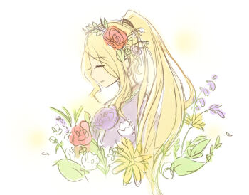 1girl closed_eyes commentary cropped_shoulders english_commentary flower from_side hair_flower hair_ornament kid_icarus kid_icarus_uprising lavender_(flower) light_smile nintendo painttool_sai_(medium) ponytail purple_flower purple_rose red_flower red_rose rose sketch solo vidiri_(1249228) viridi