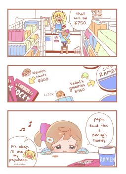 2girls 500_yen_coin aged_down animal_ears apron blonde_hair cerber_(vtuber) chair child dog_ears dog_girl food glasses hair_ribbon highres horns indie_virtual_youtuber kindergarten_uniform long_hair mr._fish multiple_girls neuro-sama on_chair on_stool one_side_up pocky ribbon round_eyewear shop standing standing_on_chair turtle two_side_up vedal987 vedal_ai virtual_youtuber