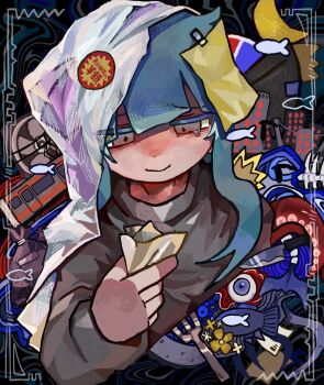 1girl abstract_background alternate_costume alternate_eye_color bag bag_on_head black_background blue_background blue_hair border building closed_mouth collage crescent_moon cropped_torso cynicality_(voiceroid) eyeball fish fish_skeleton flower fork furrowed_brow grey_eyes grey_sweater highres holding holding_paper inset_border knife kotonoha_aoi long_hair long_sleeves moon note_on_head paper plastic_bag sad_smile smile solo sweater tearing_up tentacles train trash_bag uminosoko44 upper_body voiceroid wavy_mouth white_border yellow_flower