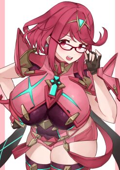 1girl absurdres bob_cut breasts chest_jewel core_crystal_(xenoblade) earrings floating_earrings glasses headpiece highres jewelry large_breasts pyra_(xenoblade) red_eyes red_hair red_shorts short_hair shorts solo swept_bangs tiara xenoblade_chronicles_(series) xenoblade_chronicles_2 yotsuha_uni