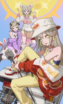 Rule 34 | 3girls, artist request, black bow, bow, box, dislyte, drum, earrings, fatum sisters (nornir) (dislyte), game cg, grey eyes, grey hair, hair bow, hat, highres, instrument, jewelry, keyboard (instrument), microphone stand, multiple girls, necklace, official art, on box, open mouth, orange eyes, overalls, pink eyes, purple bow, sandrine (skuld) (dislyte), siblings, sisters, sitting, sitting on box, smile, speech bubble, third-party source, udanya (urth) (dislyte), vanessa (verdandi) (dislyte)