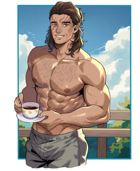Rule 34 | 1boy, abs, baldur's gate, baldur's gate 3, bara, bear, bird, blue sky, cloud, commentary, cup, dungeons & dragons, english commentary, facial mark, forest, grey eyes, grey pants, halsin, highres, holding, holding cup, holding saucer, kollyanna, male focus, muscular, muscular male, nature, pants, pectorals, pointy ears, saucer, sky, smile, sparse arm hair, sparse chest hair, topless male, tree, veins, veiny arms