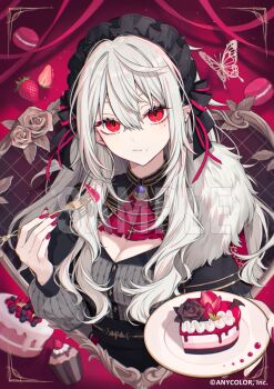 1girl akakura bug butterfly cake cleavage_cutout closed_mouth clothing_cutout flower food fork fruit holding holding_fork insect long_hair looking_at_viewer nail_polish nijisanji official_art red_eyes red_nails rose sample_watermark sanya_(kuzuha) solo strawberry upper_body watermark white_hair