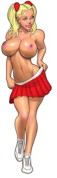 Rule 34 | breasts, collarbone, forehead, hair ornament, hair pulled back, hair scrunchie, knees, looking to the side, navel, pink lips, red scrunchie, scrunchie, shoes, skirt, smile, standing, tagme, tan, white shoes
