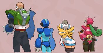 Rule 34 | 2boys, 2girls, armband, armor, ass, ass focus, bald, black bodysuit, blonde hair, blue armor, blue helmet, bodysuit, brown background, cairngorm999, cinnamon (mega man), commentary, dress, from behind, green armband, green hair, helmet, highres, leotard, long hair, marino (mega man), mega man (series), mega man x: command mission, mega man x (series), multiple boys, multiple girls, nurse, pink helmet, pink leotard, sigma (mega man), simple background, white dress, x (mega man)