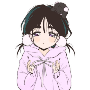 1girl :o alien_stage alternate_costume animalization black_hair borrowed_design chinese_commentary coldmeow commentary hair_bobbles hair_ornament highres hood hoodie long_sleeves parted_lips person_and_animalization purple_eyes purple_hoodie rabbit solo sua_(alien_stage) twintails upper_body