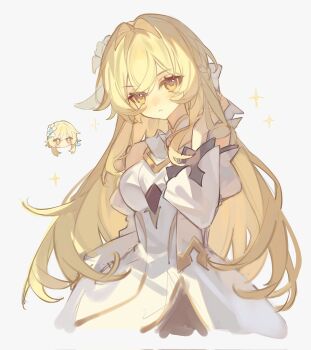 Rule 34 | 1girl, :<, bare shoulders, blonde hair, chibi, chibi inset, closed mouth, dress, flower, genshin impact, hair between eyes, hair flower, hair ornament, highres, long hair, looking at viewer, lumine (genshin impact), reido 0723, simple background, solo, sparkle, upper body, white background, white dress, yellow eyes