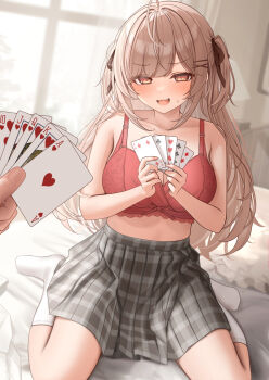 1girl black_ribbon blush bra breasts brown_eyes brown_hair card commentary_request dutch_angle grey_skirt hair_ribbon highres indoors medium_breasts monaka_curl on_bed open_mouth original paid_reward_available plaid_clothes plaid_skirt playing_card pleated_skirt pov pov_hands red_bra ribbon royal_flush sitting skirt socks solo_focus strip_game strip_poker two_side_up underwear wariza white_socks
