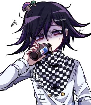1boy absurdres arm_belt buttons checkered_clothes checkered_scarf commentary danganronpa_(series) danganronpa_v3:_killing_harmony flipped_hair hair_between_eyes half-closed_eyes hand_up highres kujira_pyon_ka long_sleeves looking_at_viewer male_focus medicine_bottle multicolored_buttons mushroom_on_head oma_kokichi open_mouth purple_eyes purple_hair scarf short_hair sick simple_background solo spilling squiggle sweat symbol-only_commentary twitter_username two-tone_scarf upper_body white_background