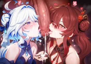 1boy 2girls after_ejaculation bare_shoulders black_dress blue_dress blue_eyes blush breasts brown_hair censored china_dress chinese_clothes cooperative_fellatio cum cum_on_body cum_on_hands dress drop-shaped_pupils erection facial fellatio foreskin foreskin_insertion furina_(genshin_impact) genshin_impact girthy_penis hair_bun heart heart-shaped_pupils hetero highres hu_tao_(genshin_impact) large_penis licking licking_penis long_hair looking_at_penis m-da_s-tarou multiple_girls open_mouth oral penis red_eyes small_breasts smile symbol-shaped_pupils teamwork_(sexual) tongue_under_foreskin twintails white_hair