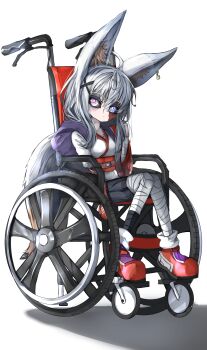 1girl absurdres adjusting_hair animal_ears bandaged_arm bandaged_leg bandages belt belt_buckle breasts buckle disability earrings expressionless full_body grey_hair hair_ornament heterochromia highres itanase japanese_clothes jewelry long_hair looking_at_viewer medium_breasts original pink_eyes purple_eyes scar scar_on_face shadow shoes solo tail wheelchair white_background wolf_ears wolf_girl wolf_tail x_hair_ornament