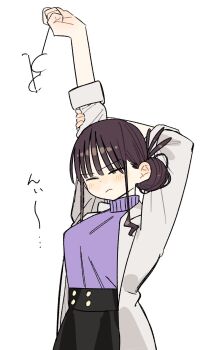 1girl arms_up black_hair black_skirt blush closed_eyes closed_mouth commentary_request highres jacket long_sleeves open_clothes open_jacket original skirt solo stretching white_background yamaguchi_(noichi674)