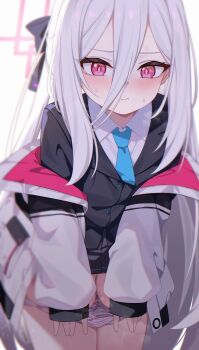 absurdres blue_archive blush breasts coat commentary_request halo highres kei_(blue_archive) kei_(new_body)_(blue_archive) leaning_forward loli necktie pink_eyes pink_halo school_uniform shy skirt small_breasts small_rabbit thighs underwear white_hair