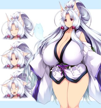 Rule 34 | animal ears, breasts, dekapaiyukari, fox ears, fox girl, highres, huge breasts, japanese clothes, thick thighs, thighs, touhoku itako, tsukasawa takamatsu, vocaloid, voiceroid, wide sleeves