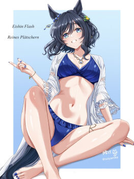 1girl animal_ears barefoot bikini black_hair blue_background blue_bikini blue_eyes blue_nails breasts character_name commentary_request eishin_flash_(reines_plaetschern)_(umamusume) eishin_flash_(umamusume) fingernails gradient_background highres horse_ears horse_girl horse_tail legs looking_at_viewer medium_breasts nail_polish navel official_alternate_costume paid_reward_available short_hair sitting solo stomach swimsuit tail thighs toenail_polish toenails toes tsukiyuki_mike twitter_username umamusume