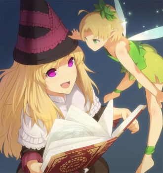 2girls :d ahoge ankle_garter bad_id bad_pixiv_id barefoot blonde_hair book capelet fairy fairy_wings green_eyes grimgrimoire grimoire hat hitoya_(kitani) lillet_blan long_hair magic_circle mini_person minigirl multiple_girls open_mouth pentagram pointy_ears purple_eyes smile wings witch_hat wizard_hat