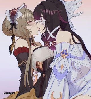 2girls black_dress breasts brown_hair closed_eyes columbina_(genshin_impact) detached_sleeves dress genshin_impact head_wings highres large_breasts long_hair long_sleeves maid_headdress multicolored_hair multiple_girls open_mouth pink_background pomuya purple_hair sandrone_(genshin_impact) simple_background sitting smile white_dress wings yuri